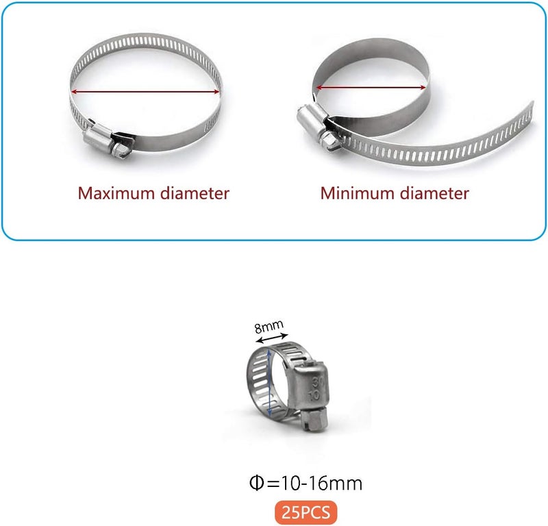 ZIPCCI Hose Clamp, 25 Pack Stainless Steel Worm Gear fuel line hose clamps, 10-16mm (3/8-5/8 inch) - Image 2